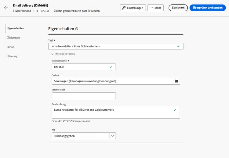 Screenshot mit der Konfiguration der E-Mail-Eigenschaften
