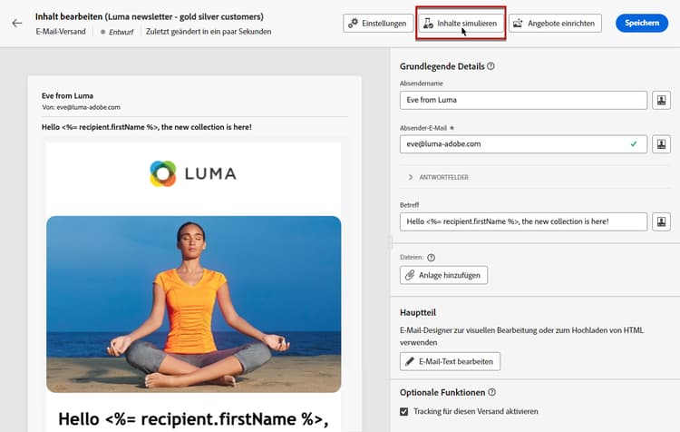 Screenshot mit der Schaltfläche „Inhalte simulieren“