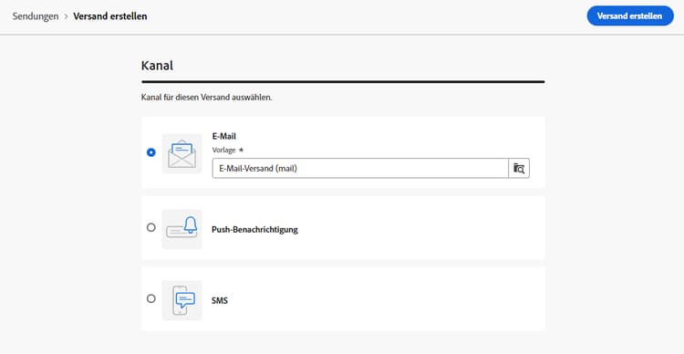 Screenshot mit der Auswahl des E-Mail-Kanals und der Vorlage
