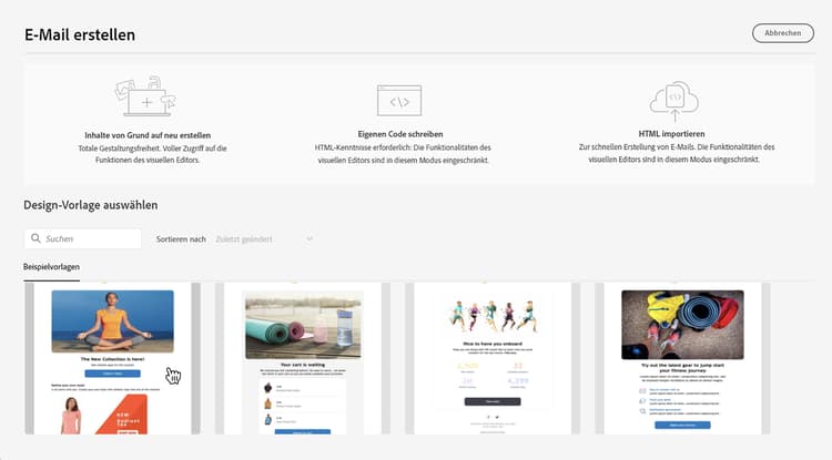Screenshot mit der Auswahl einer vordefinierten Inhaltsvorlage