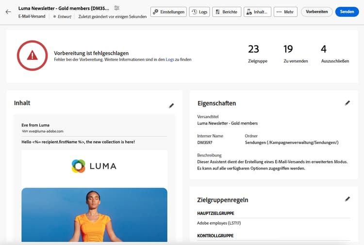 Fehlerstatus im Versand-Dashboard