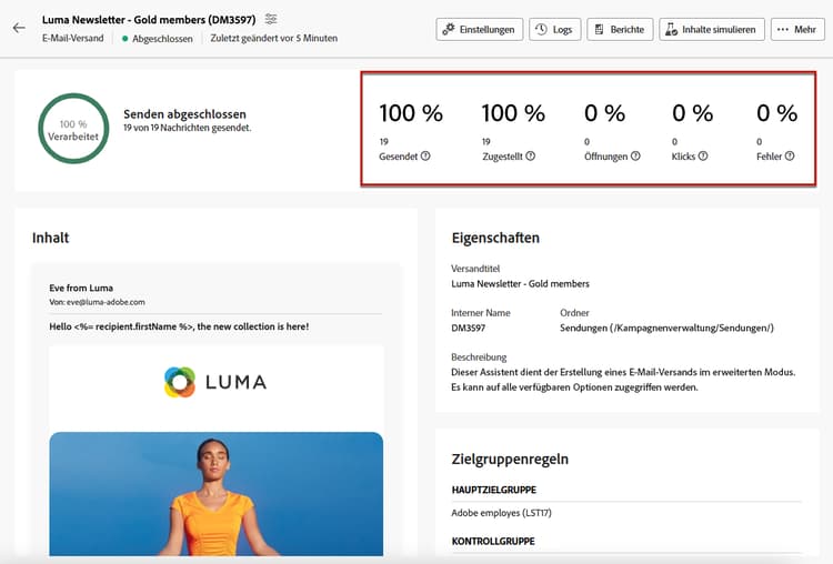 KPIs werden nach dem Versand angezeigt