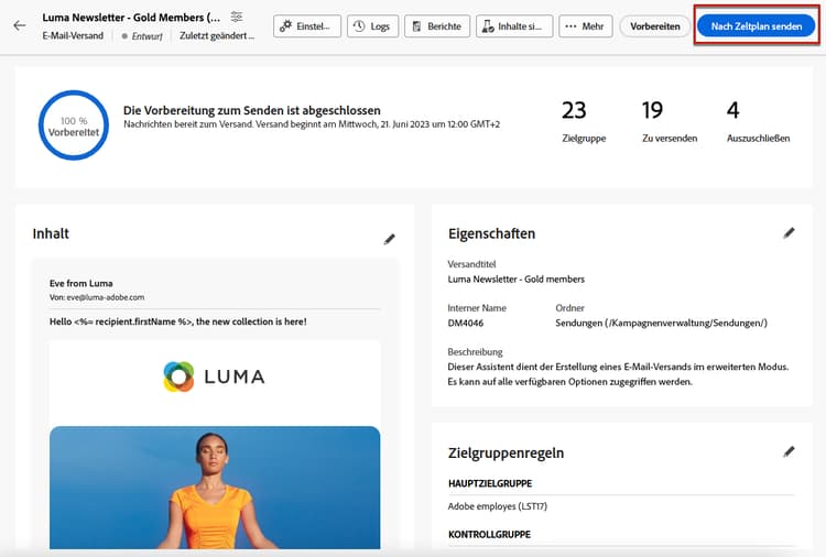 Schaltfläche „Nach Zeitplan senden“ im Versand-Dashboard