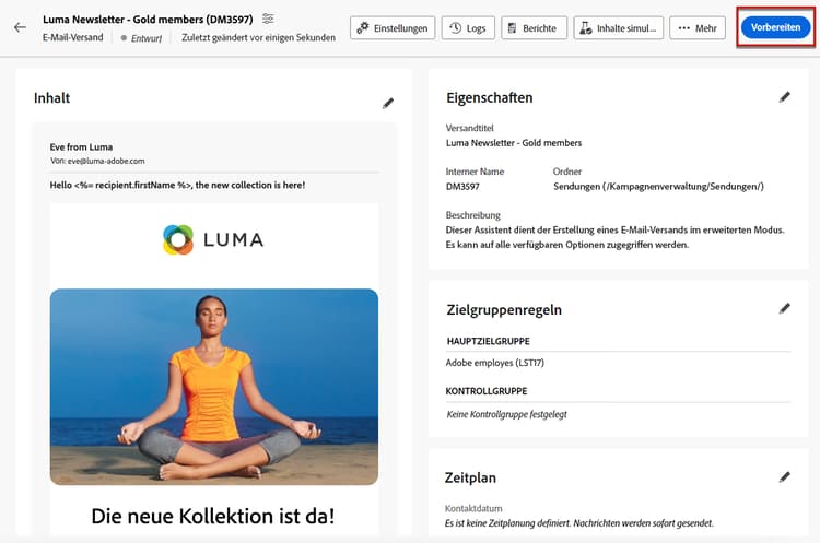Schaltfläche „Vorbereiten“ im Versand-Dashboard