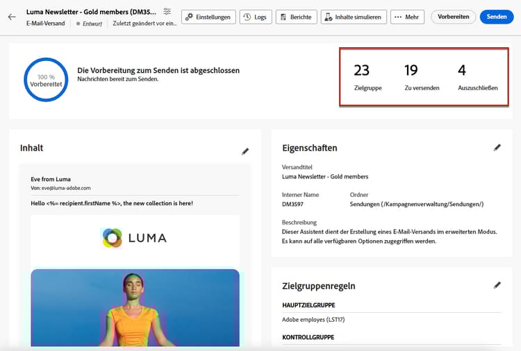 Bildschirm für die abgeschlossene Vorbereitung mit den KPIs