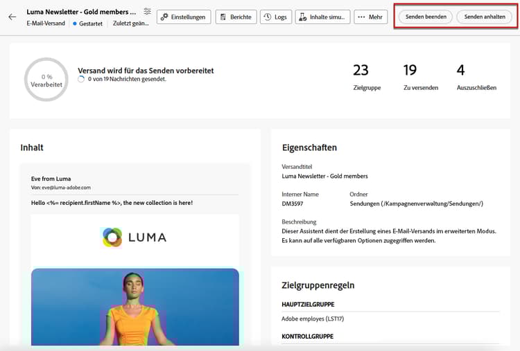 Schaltfläche „Senden anhalten“ oder „Senden beenden“ im Versand-Dashboard