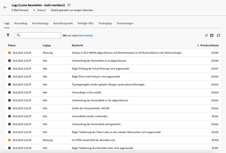 Schaltfläche „Logs“ im Versand-Dashboard
