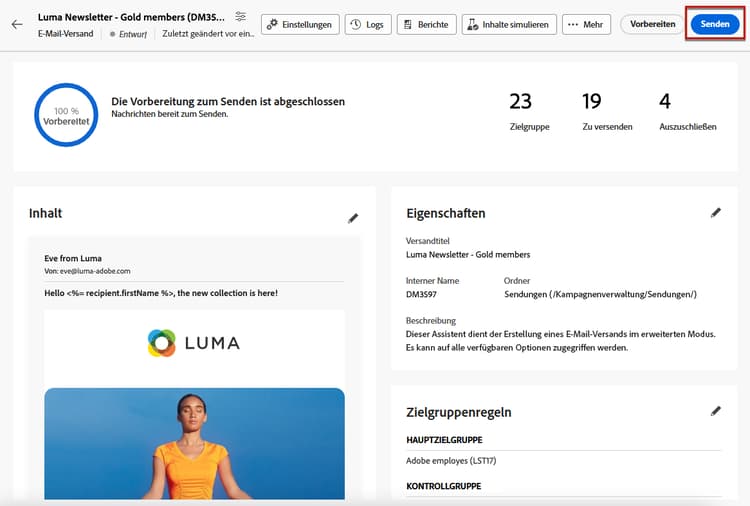 Schaltfläche „Senden“ im Versand-Dashboard