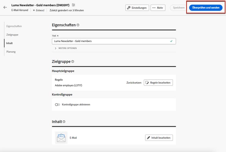 Schaltfläche „Überprüfen und senden“ im Versand-Dashboard
