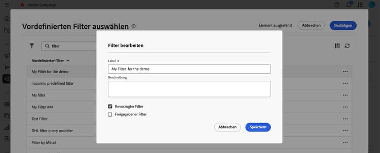 Bearbeitung vordefinierter Filter