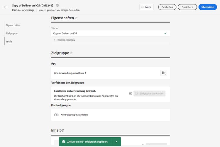 Dashboard der duplizierten Vorlage