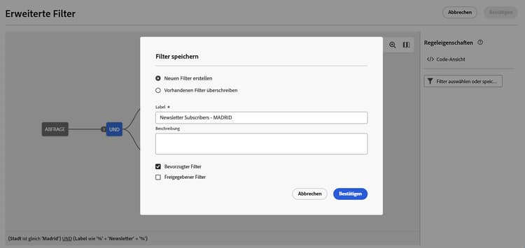 Benutzeroberfläche zum Speichern von Filterdetails