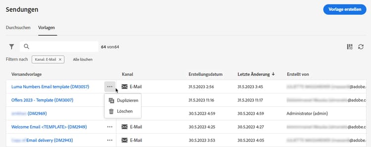 Menü „Mehr Aktionen“ für Vorlagen