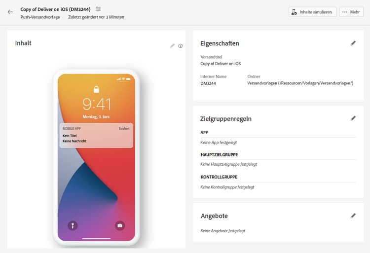 Überprüfungsbildschirm für eine Vorlage