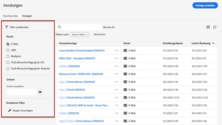 Filteroptionen für Vorlagen