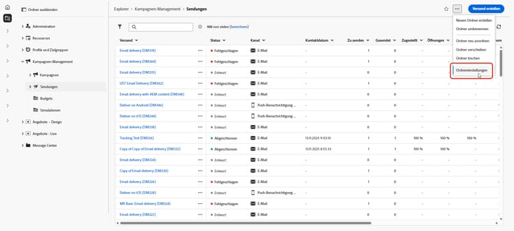 Beispiel für Ordnereinstellungen in Adobe Campaign