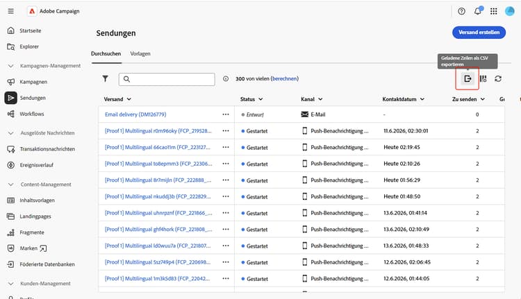 Der Screenshot zeigt den Export einer Liste.