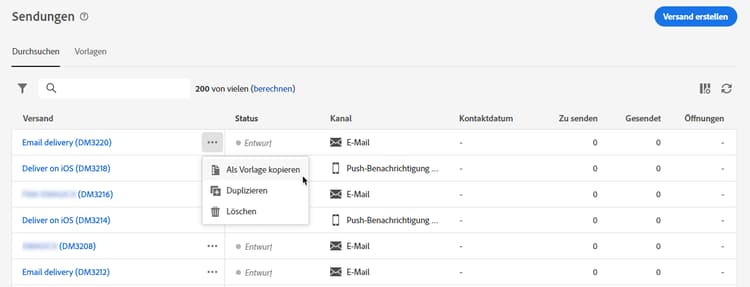 Option zum Kopieren eines Versands als Vorlage