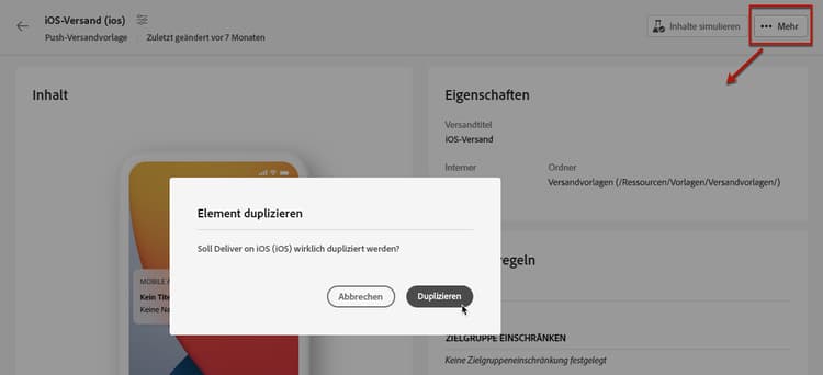 Bestätigungsdialogfeld zum Duplizieren einer Vorlage