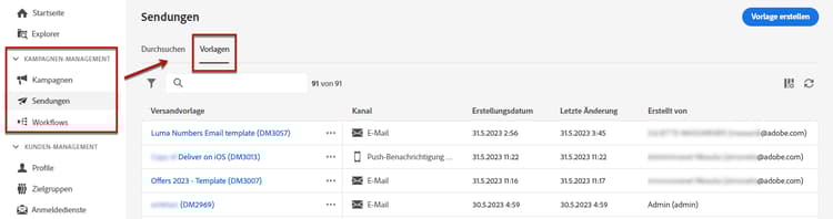 Registerkarte „Vorlagen“ im Menü „Sendungen“