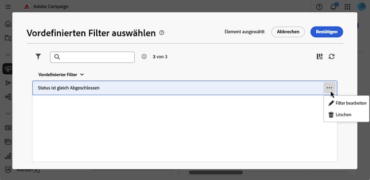 Benutzeroberfläche mit Liste vordefinierter Filter