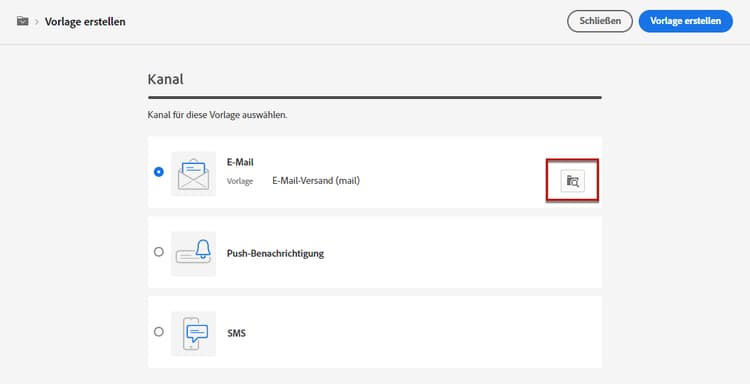 Kanalauswahl für eine neue Vorlage