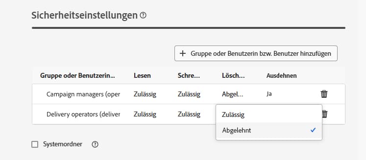 Beispiel für abgelehnte Berechtigungen in den Sicherheitseinstellungen eines Ordners