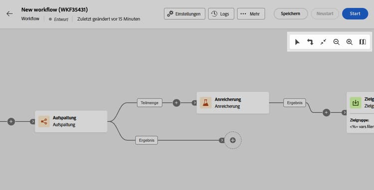 Symbolleistenoptionen für die Workflow-Arbeitsfläche