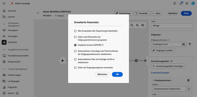 Screenshot mit den erweiterten Parametern für die Anreicherung