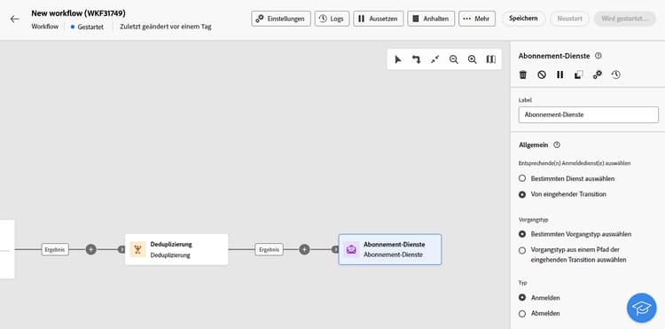 Screenshot mit der Benutzeroberfläche für den Abonnementdienst des Workflows – Eingehende Transitionen.