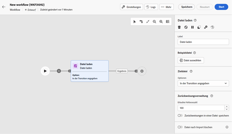 Screenshot zur Konfiguration der Workflow-Aktivität „Datei laden“