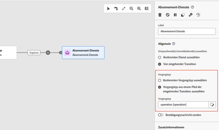 Screenshot des Workflows – Benutzeroberfläche zum Abonnieren von Anmeldediensten