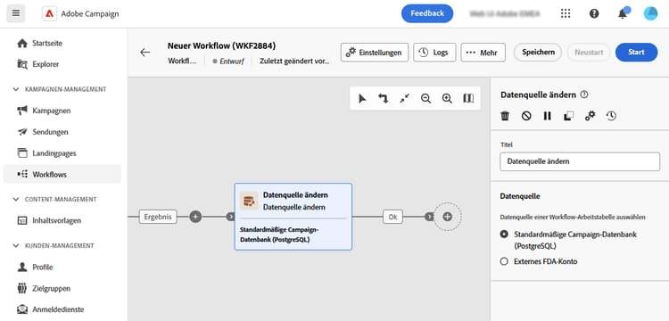 Screenshot, der zeigt, wie die Aktivität „Datenquelle wechseln“ zu einem Workflow hinzugefügt wird.