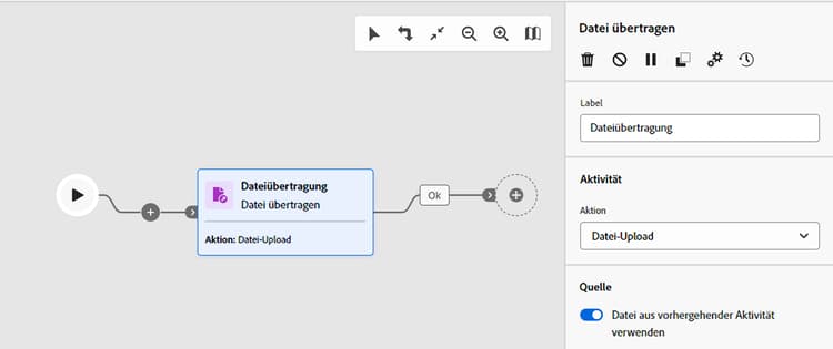 Screenshot mit Optionen zur Workflow-Dateiübertragung