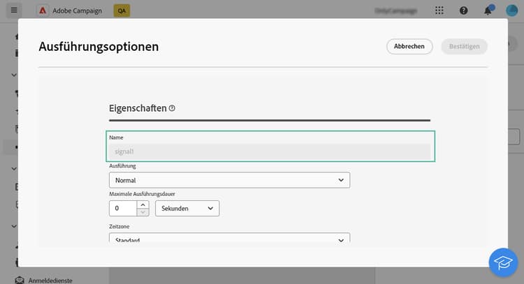 Der Screenshot zeigt den Namen der Aktivität „Externes Signal“ in den Ausführungsoptionen.
