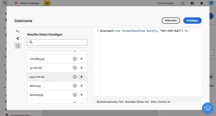 Screenshot mit der Konfiguration des Dateinamens und dem darin enthaltenen Datum