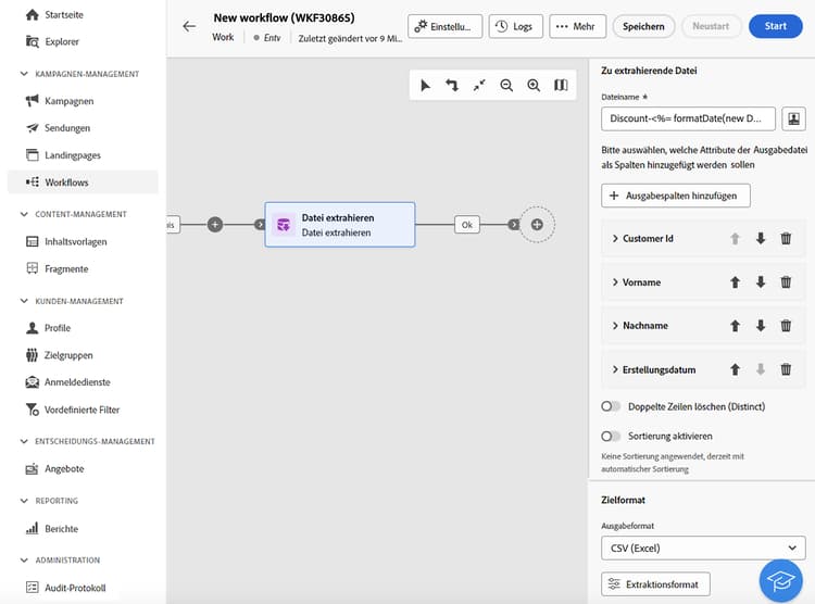 Screenshot mit der Konfiguration der Spalten in der extrahierten Datei