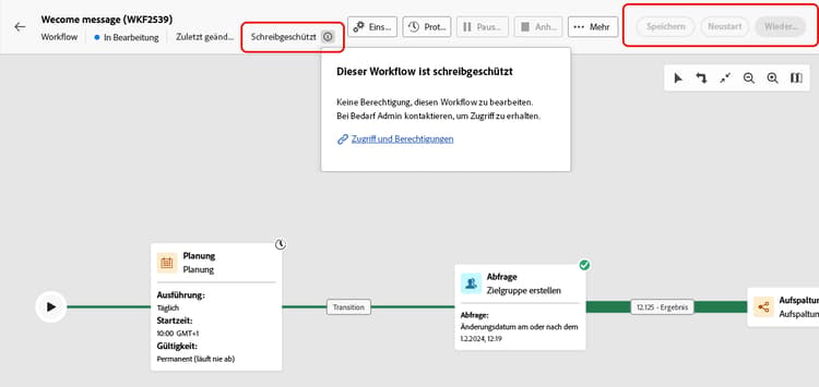 Schreibgeschützte Workflow-Oberfläche mit der Schaltfläche „Einstellungen“ und deaktivierten Aktionsschaltflächen