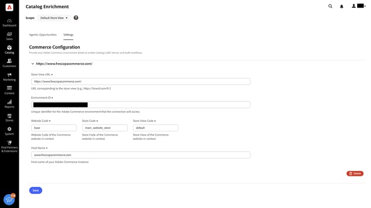 Commerce-Konfiguration auf der Registerkarte „Kataloganreicherungseinstellungen“