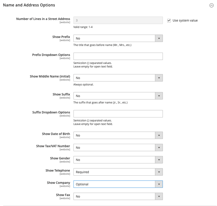 Name- und Adressenoptionen - Source öffnen