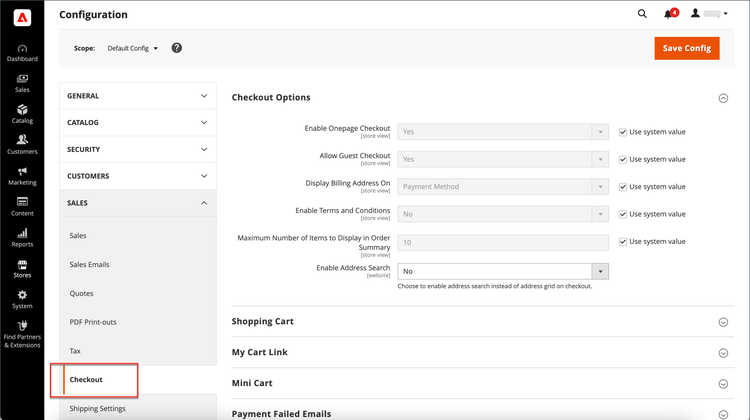 Konfiguration - Checkout-Optionen