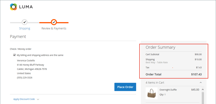 Bestellzusammenfassung zeigt die Checkout-Summe an