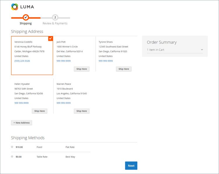 Versandseite während des Checkout-Prozesses