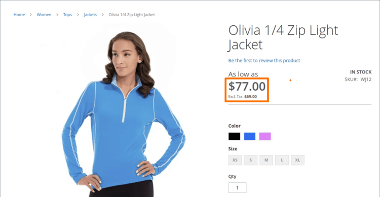 Beispiel für die Preisanzeige inkl. Steuern auf die Storefront