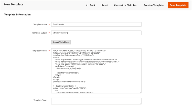 Kopfzeileninformationen der E-Mail-Vorlage