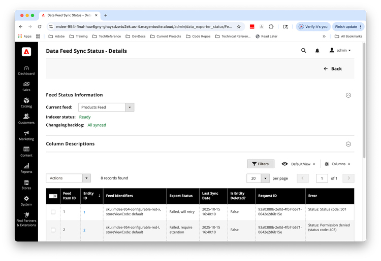 Data Feed Sync Status - Details Seite mit Reporting zum Feed-Elementstatus