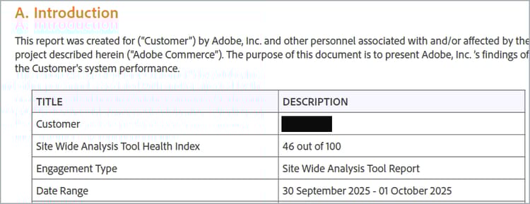 Site Wide Analysis Tool Health Index-Wert im generierten Recommendations-Bericht