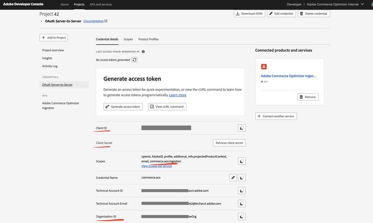 Abrufen von Anmeldeinformationen von der Adobe Developer Console-Projektseite