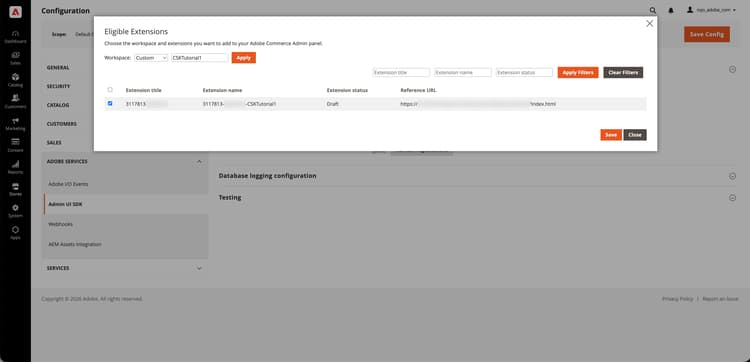Admin-Benutzeroberfläche SDK Konfigurieren Sie die modalen Erweiterungen mit Workspace- und Erweiterungsauswahl