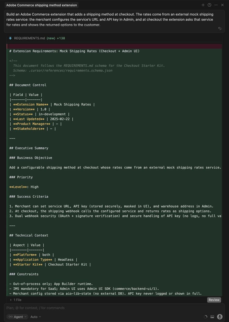 Vom KI-Agenten erstellte Anforderungsdatei mit Details zur Implementierung der Versanderweiterung